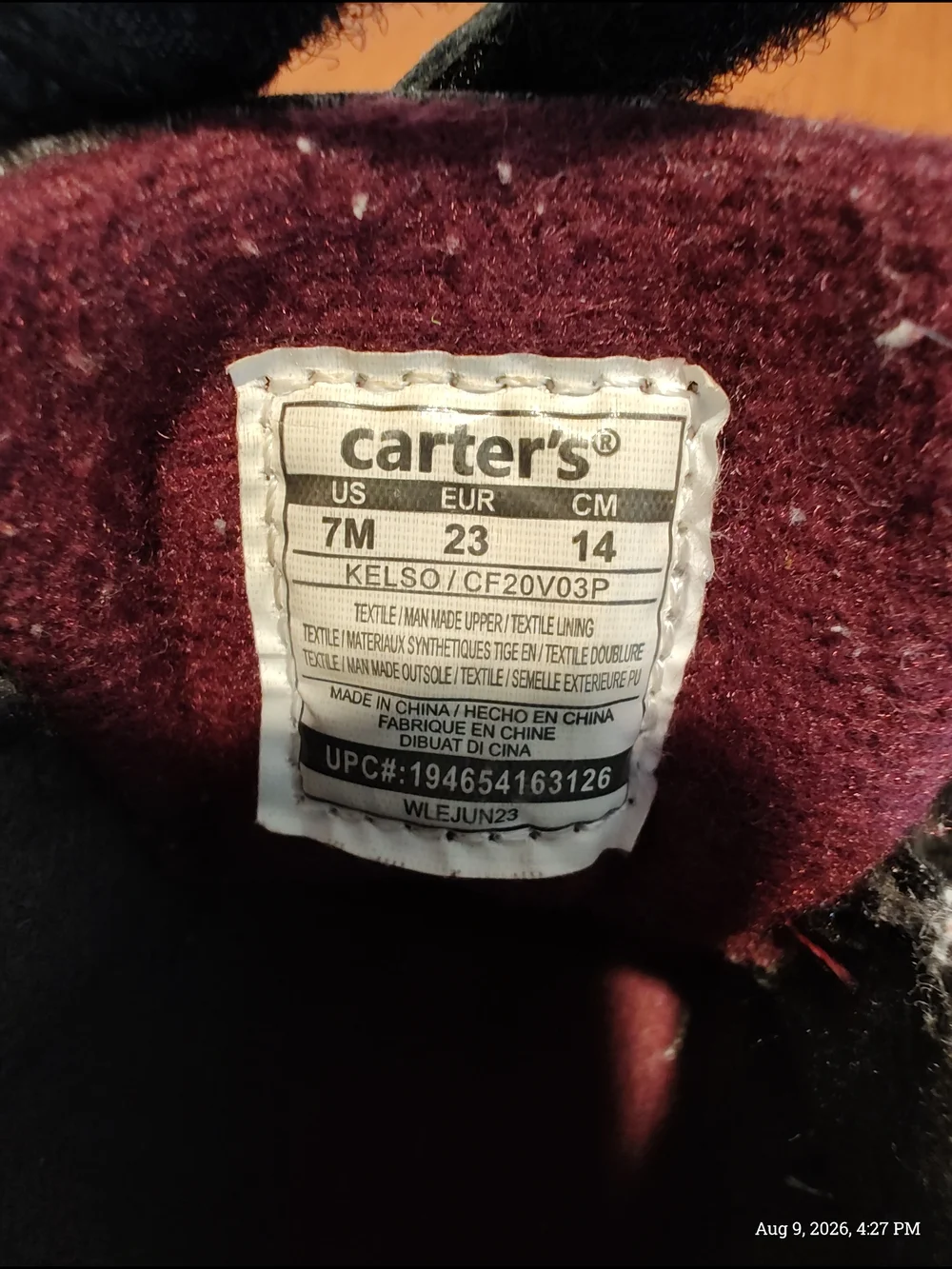 Carter's Black Toddler Velcro Ankle Boots with Brown Accent